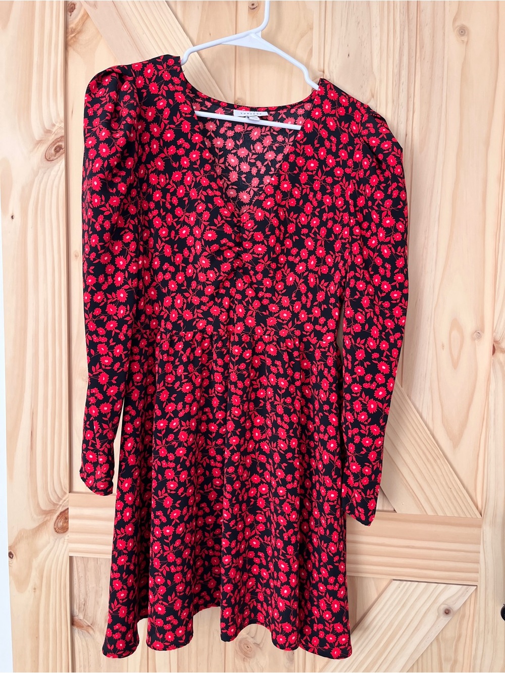 Topshop Red Black Floral Long Sleeve Fit & Flare Skater Mini Dress US 4